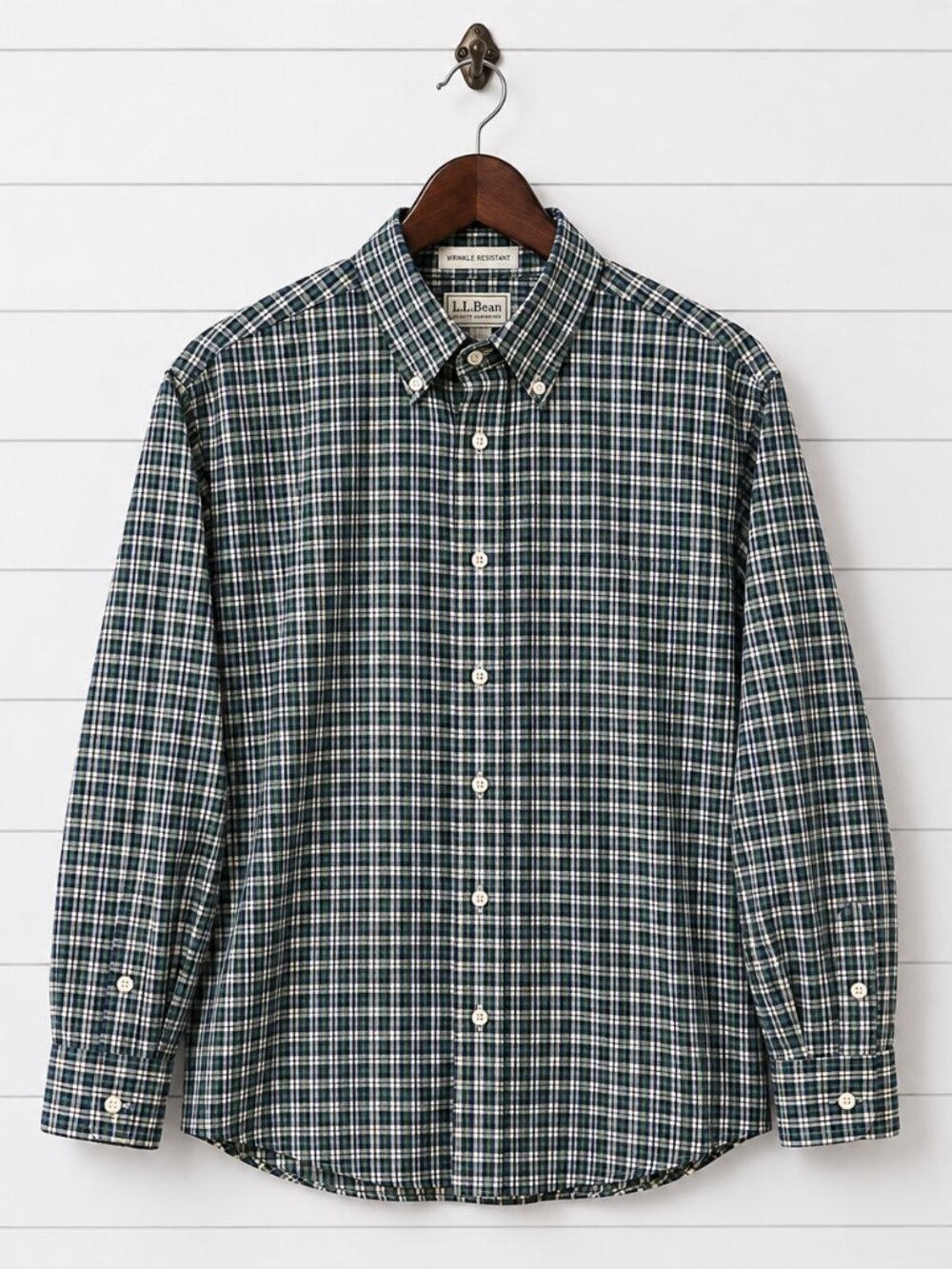 L.L.Bean Mens XXL Tall Plaid Button Down Shirt Green Blue 100% Cotton